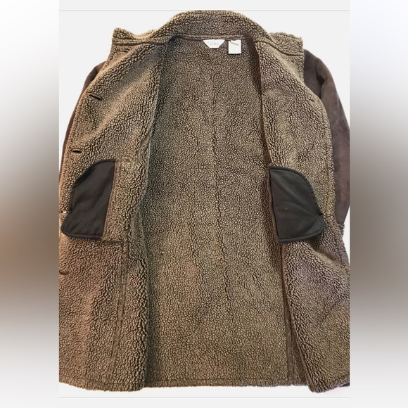 LL Bean Coat Womens Sm Brown 3 Button Faux Suede Sherpa Lined Long Jacket - Picture 2 of 4